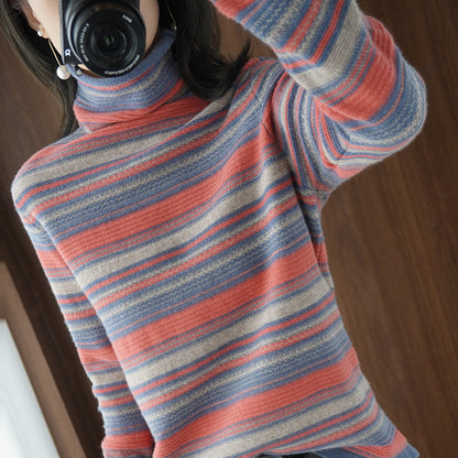Turtleneck Women's Knitted Sweater Wool Striped Long Sleeves