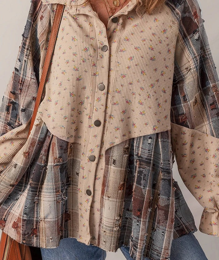 Oatmeal Bohemian Floral Plaid Top