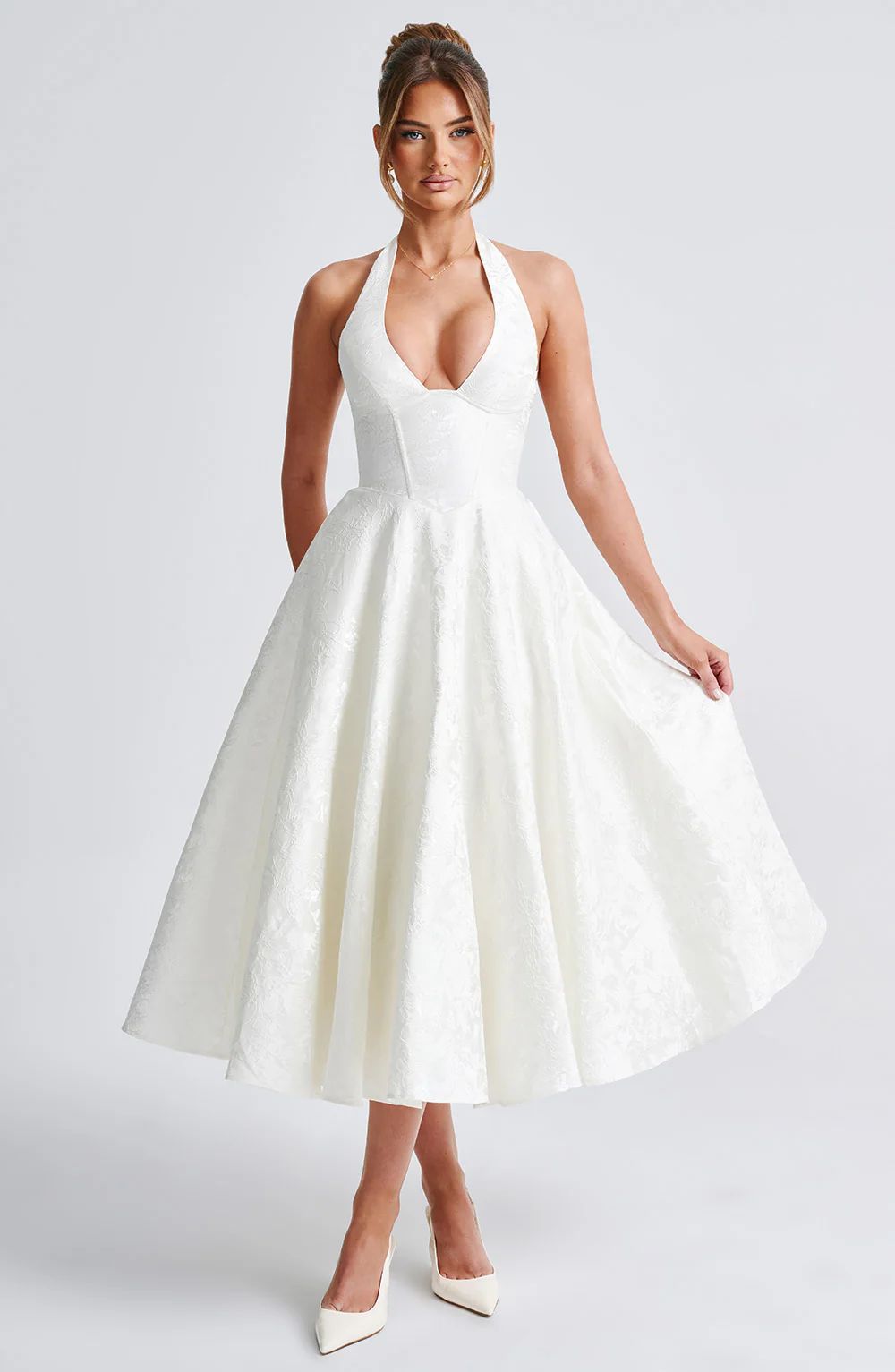 V-neck Halter Sleeveless Jacquard Lace-up Waist Vacation Style Long Senior Dress