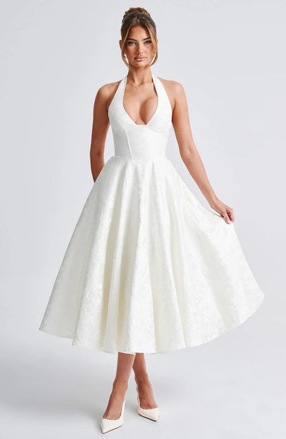 V-neck Halter Sleeveless Jacquard Lace-up Waist Vacation Style Long Senior Dress