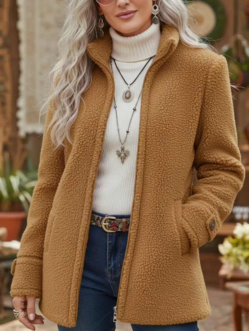 Womens Stand-Up Collar Solid-Color Loose Casual Long-Sleeve Fleece Zip-Up Jacket
