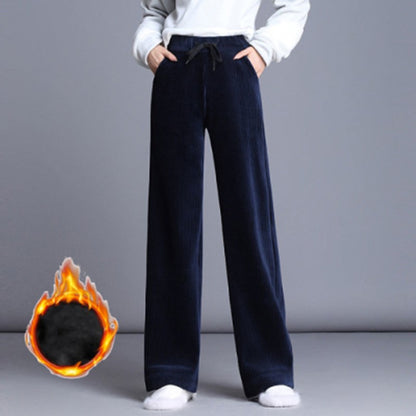 Fashion Straight Solid Pants Casual High Waist Plus Office Lady Elastic Waist Corduroy