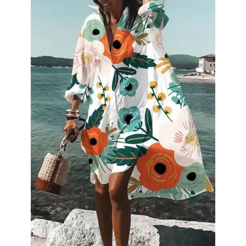 Women's Casual Loose Lapel Midi Shirt Dress