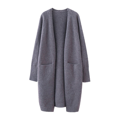 Mid-length Sweater Women's Solid Color V-neck Knitted Jacket