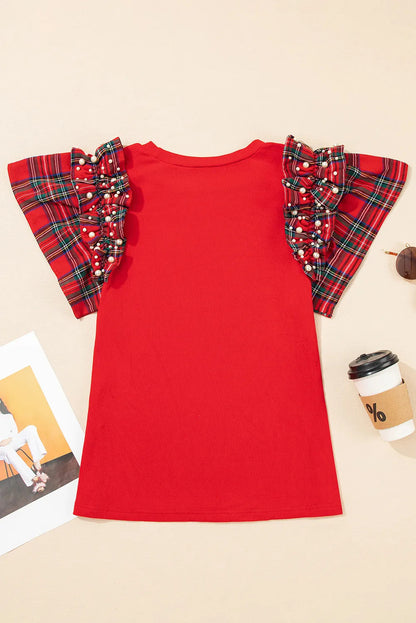 Racing Red Plaid Pearl Ruffle Short Sleeve Loose T Shirt