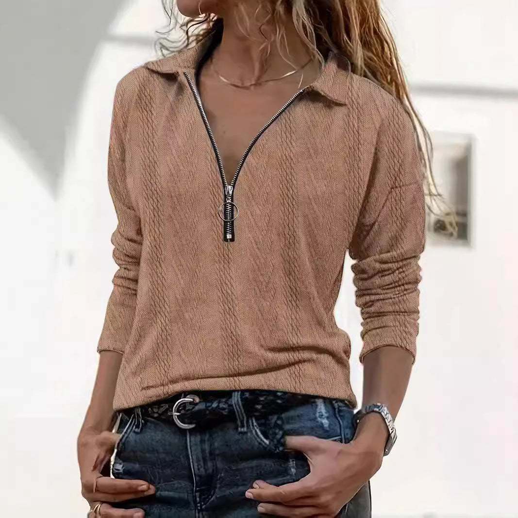 Lapel Solid Color Texture Series Zipper Women's Top