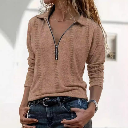 Lapel Solid Color Texture Series Zipper Women's Top