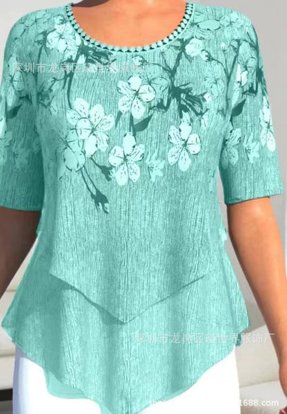 Positioning Printed Round Neck Irregular Short Sleeve