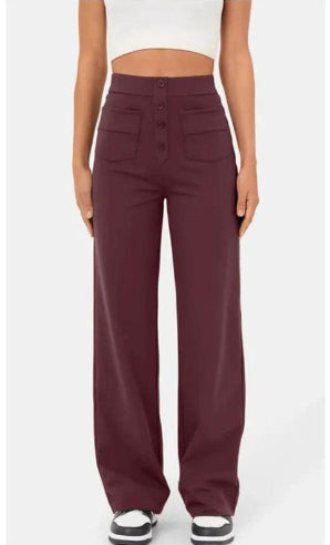 New Fall Women's Clothing High Waist Pocket Wide Leg Button Casual Baggy Straight Trousers Trousers