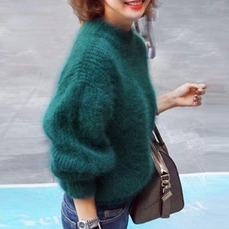 Faux Mink Half High Neck Loose Solid Color Sweater