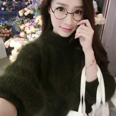 Faux Mink Half High Neck Loose Solid Color Sweater