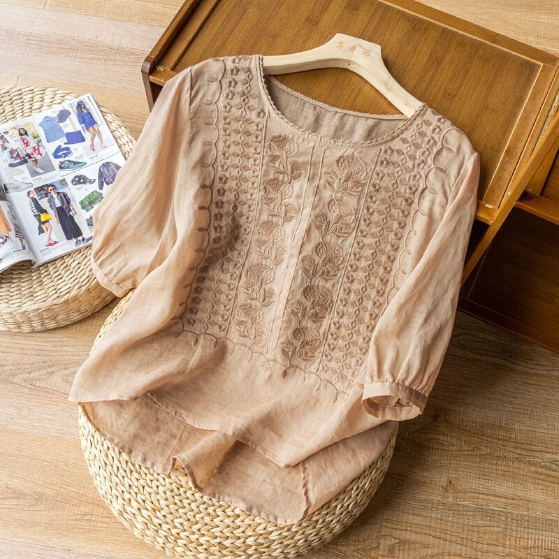 Women's Loose Embroidery Mid Sleeve Ramie Top
