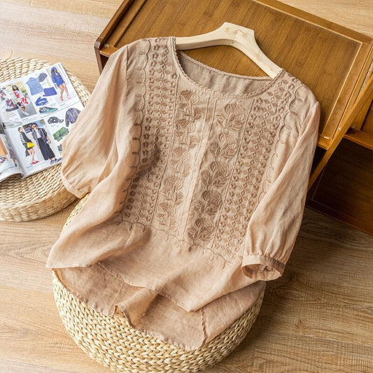 Women's Loose Embroidery Mid Sleeve Ramie Top