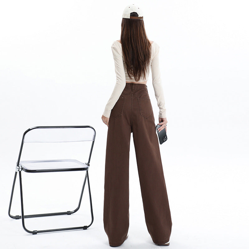 Retro Brown High Waist Straight Pants Women's Wide Leg Mop Pants