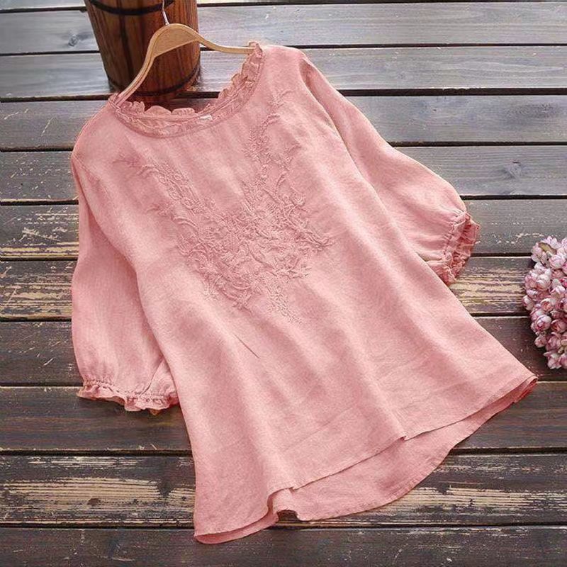 Art Style Short Sleeve T-shirt Female Embroidered Plus Size