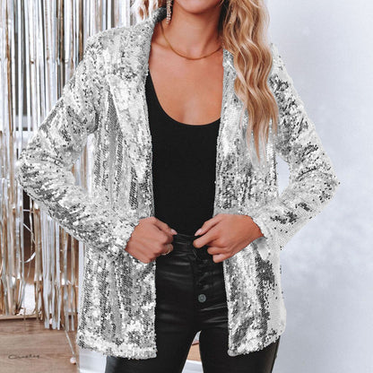 Lapel Long Sleeve Sequined Casual Suit Jacket Women