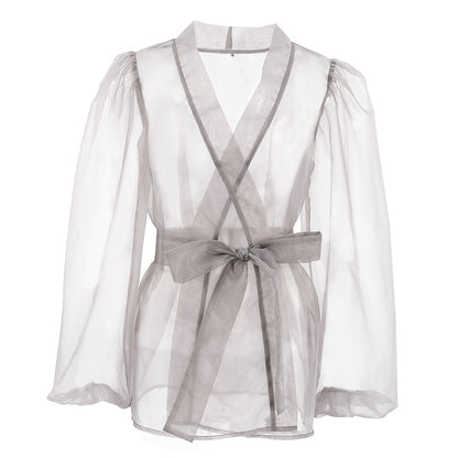 Women's Fashion Casual Sheer Mesh Shirt Coat