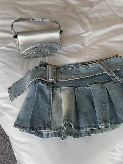 High Waist Slimming Denim Pleated Skirt