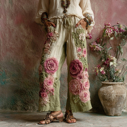 3D Floral Print Pattern Elegant Straight Women's Trousers
