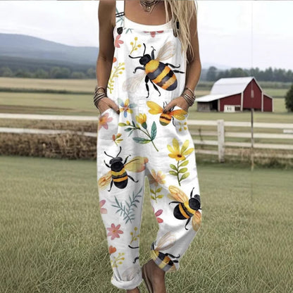 Female Digital 3D Printing Button Casual Suspender Trousers