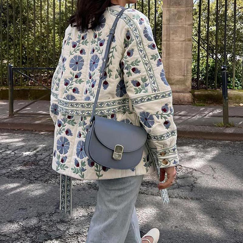 Elegant Blue Printed Lace-up Waist-tight Cotton-padded Jacket