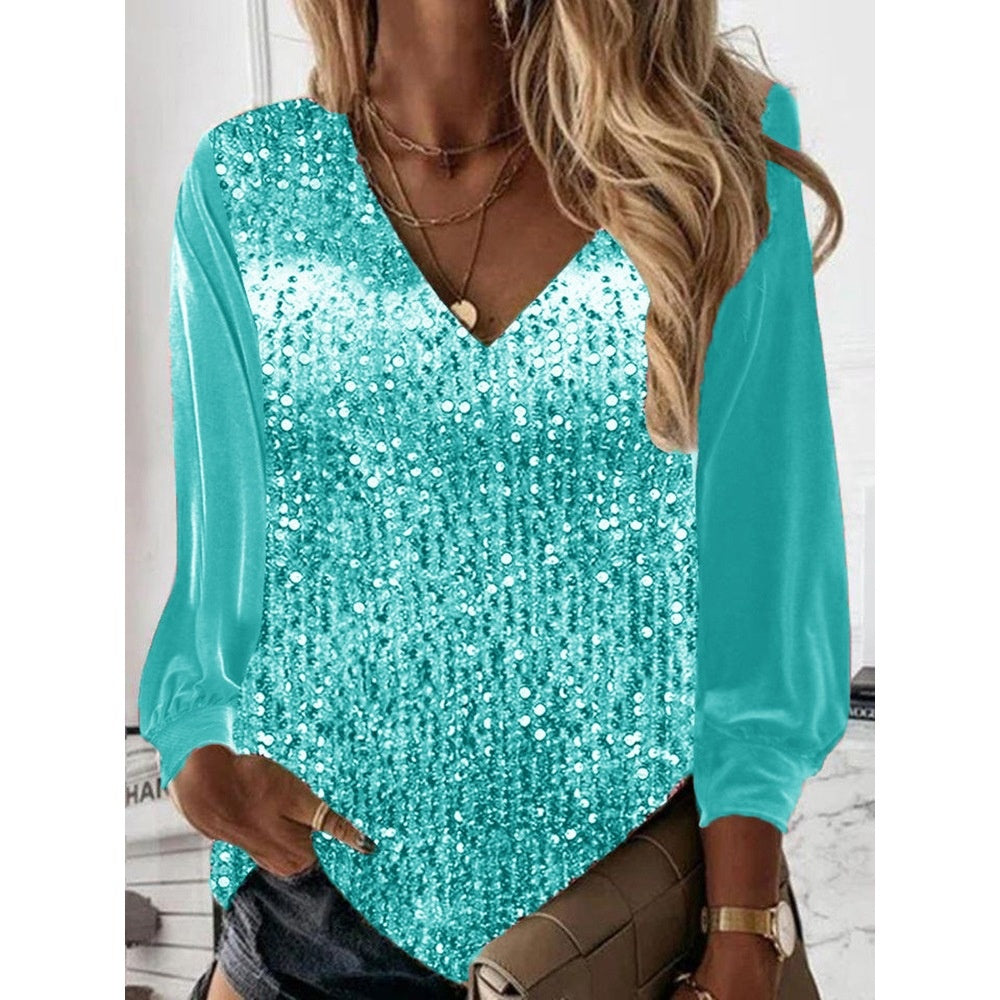 Women's V-neck Loose Gold Velvet Sequined Long Sleeve