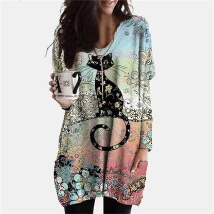 New Christmas Print Women's Fashion Pocket T-shirt Long