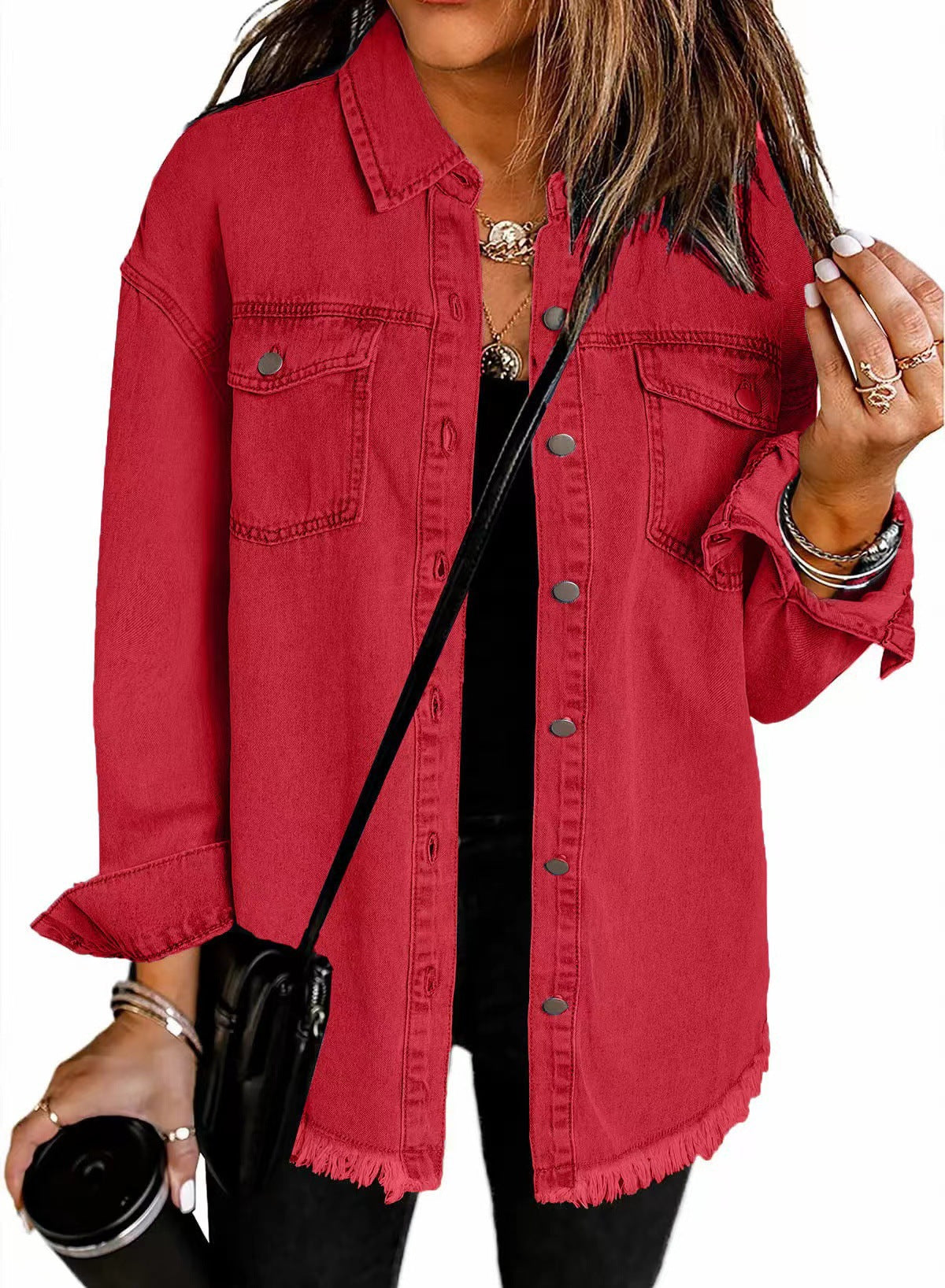Washed Denim Shirt Women's Personalized Street Style Frayed Hem Coat