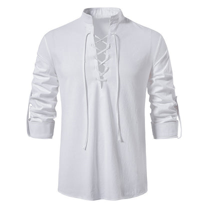 Men's Cotton Linen Long Sleeve Casual Stand Collar Shirt