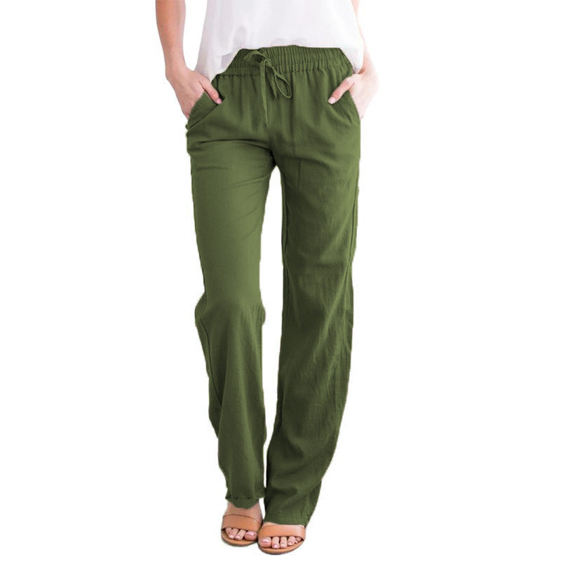 Cotton and Linen Drawstring Loose Casual Wide-Leg Trousers