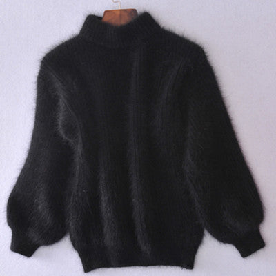 Faux Mink Half High Neck Loose Solid Color Sweater