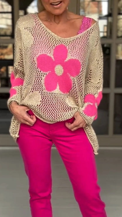 Floral Knitted Hollow Out V-neck Shirt
