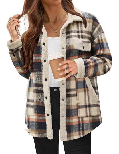 Contrast Color Plaid Jacket Casual Polo Collar Velvet Coat