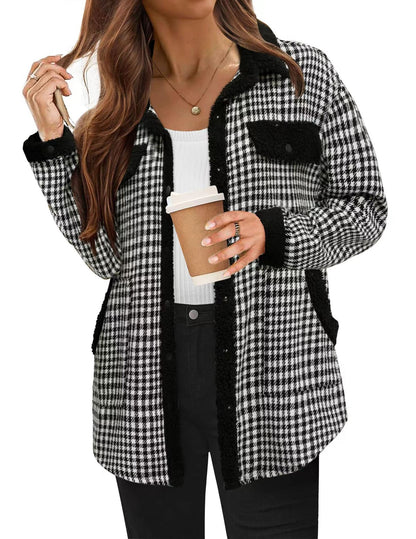 Contrast Color Plaid Jacket Casual Polo Collar Velvet Coat