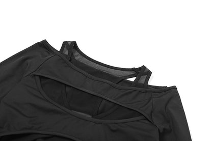 Women's Fashion Mesh Stitching Long Sleeve Hollow Out Slim Fit Midriff-baring Jumpsuit