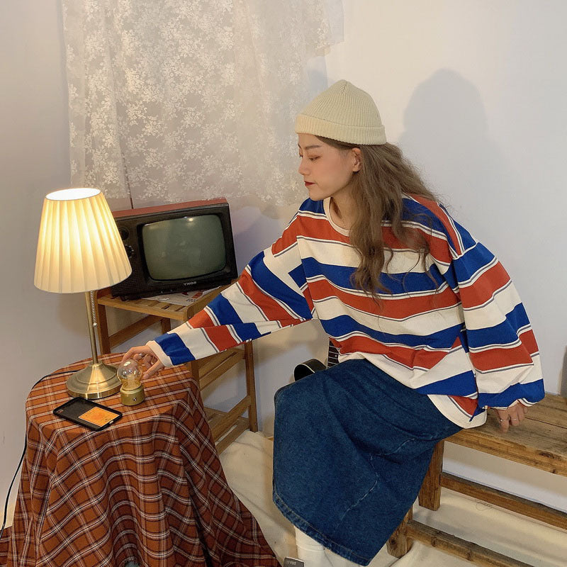Women's Fashion Striped Long Sleeves Loose Bottoming Shirt