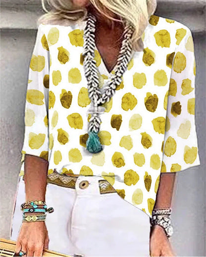 V-Neck Dot Print Loose Casual Shirt Top