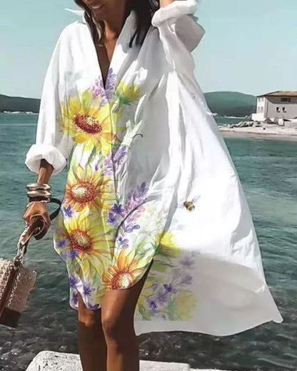 Women's Casual Loose Lapel Midi Shirt Dress