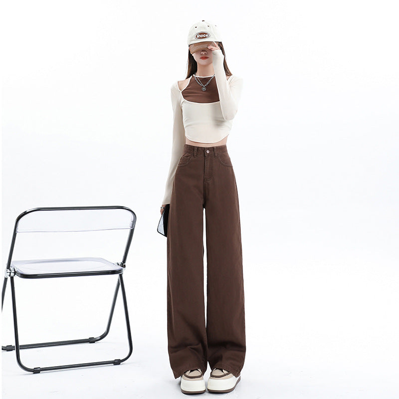 Retro Brown High Waist Straight Pants Women's Wide Leg Mop Pants