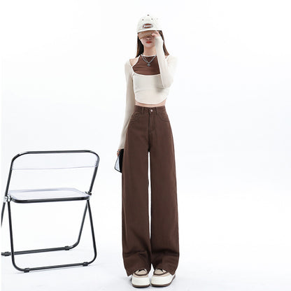 Retro Brown High Waist Straight Pants Women's Wide Leg Mop Pants