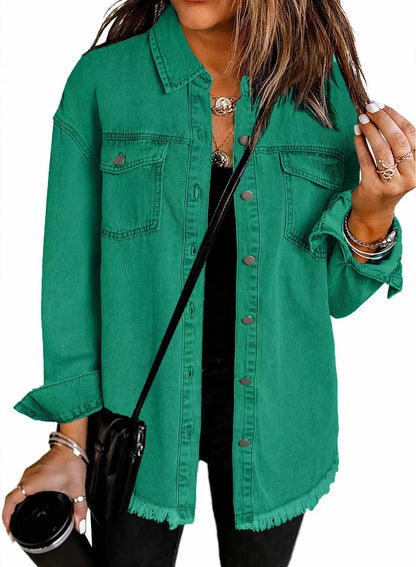 Washed Denim Shirt Women's Personalized Street Style Frayed Hem Coat