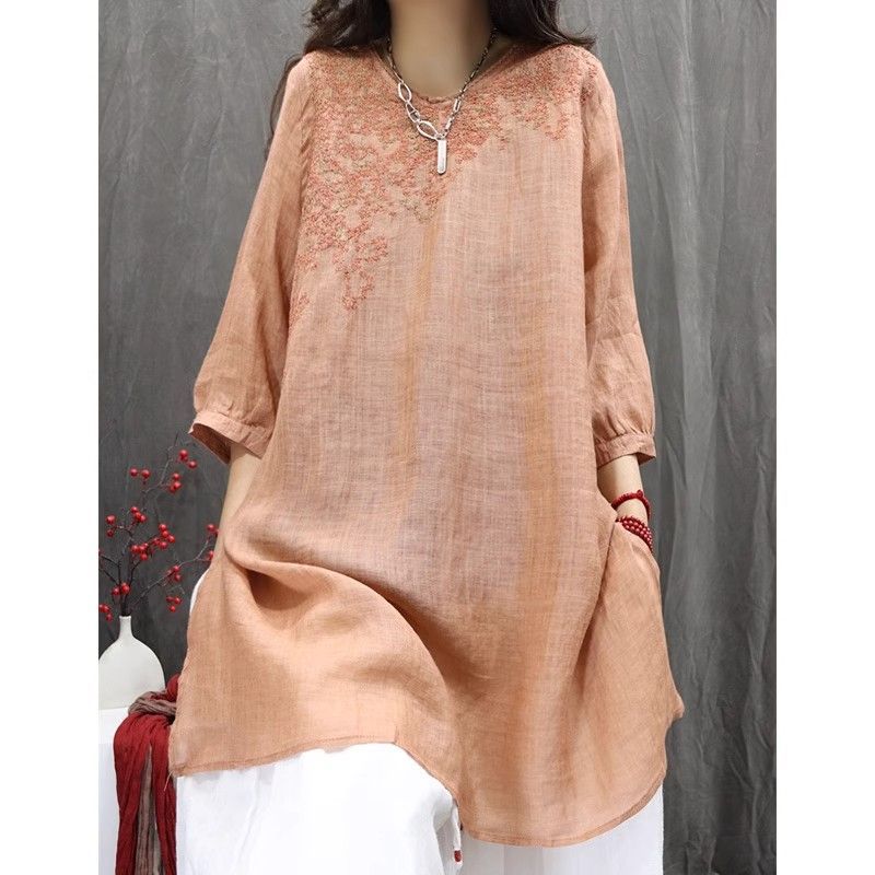 Vintage Embroidered Loose Slim-fit Bohemian Casual Mid-length Top