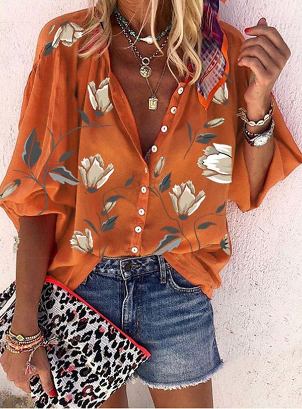 Fashion V-neck 3d Floral Printed Long-sleeved Top