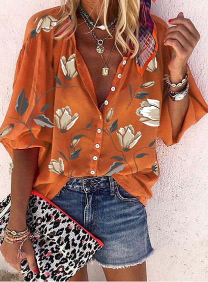Fashion V-neck 3d Floral Printed Long-sleeved Top