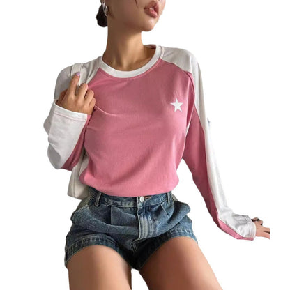 Round Neck Long Sleeve T-shirt Loose Casual Multicolor Raglan Top