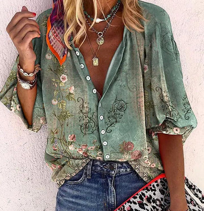 Fashion V-neck 3d Floral Printed Long-sleeved Top