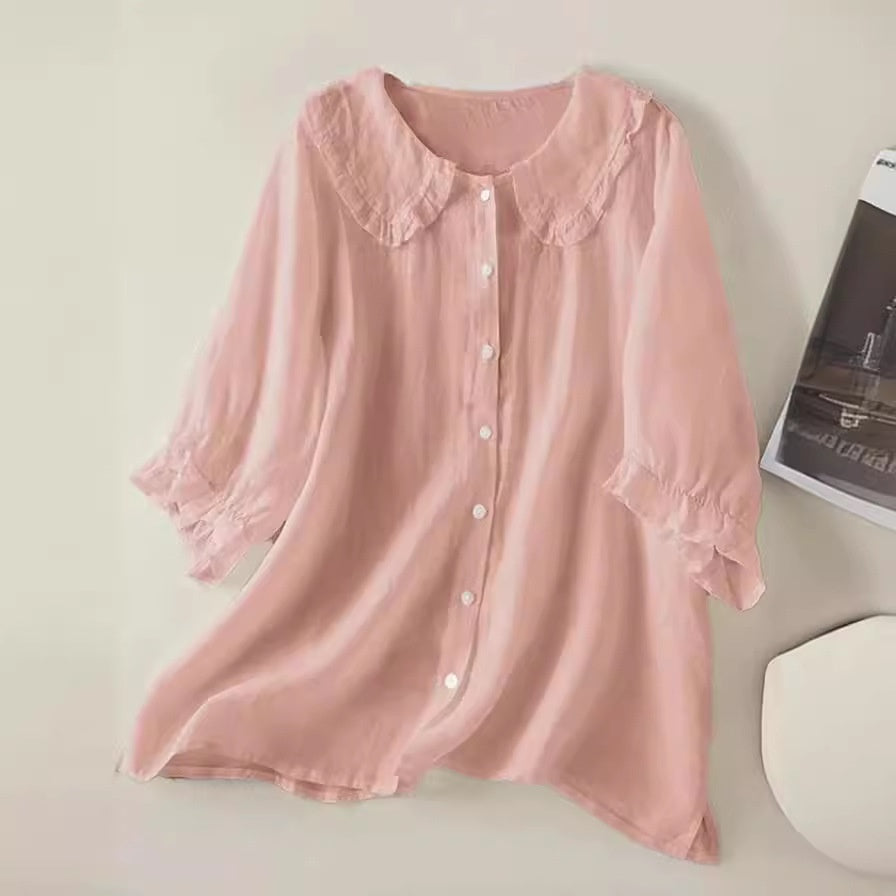 Loose Half Sleeve Shirt Women's Col Claudine Top