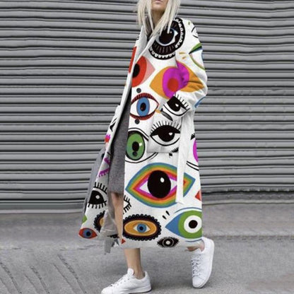 Women's Fashion Long Sleeve Turn-down Collar Coat Printed Woolen