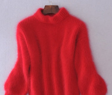 Faux Mink Half High Neck Loose Solid Color Sweater