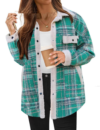 Contrast Color Plaid Jacket Casual Polo Collar Velvet Coat